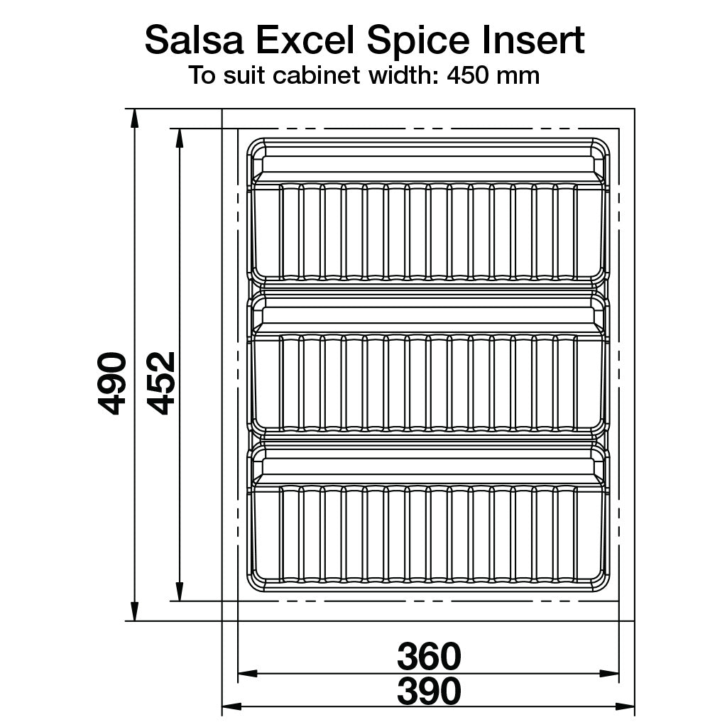 Specs for Salsa Excel Spice Drawer Insert to suit cabinet width of 450 mm